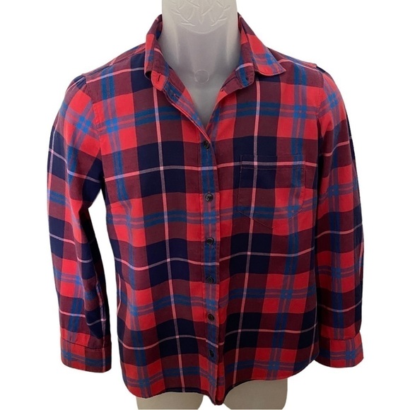 J. CREW Perfect Fit Red & Blue Button Down Shirt Women SP Small Petite - Picture 1 of 5